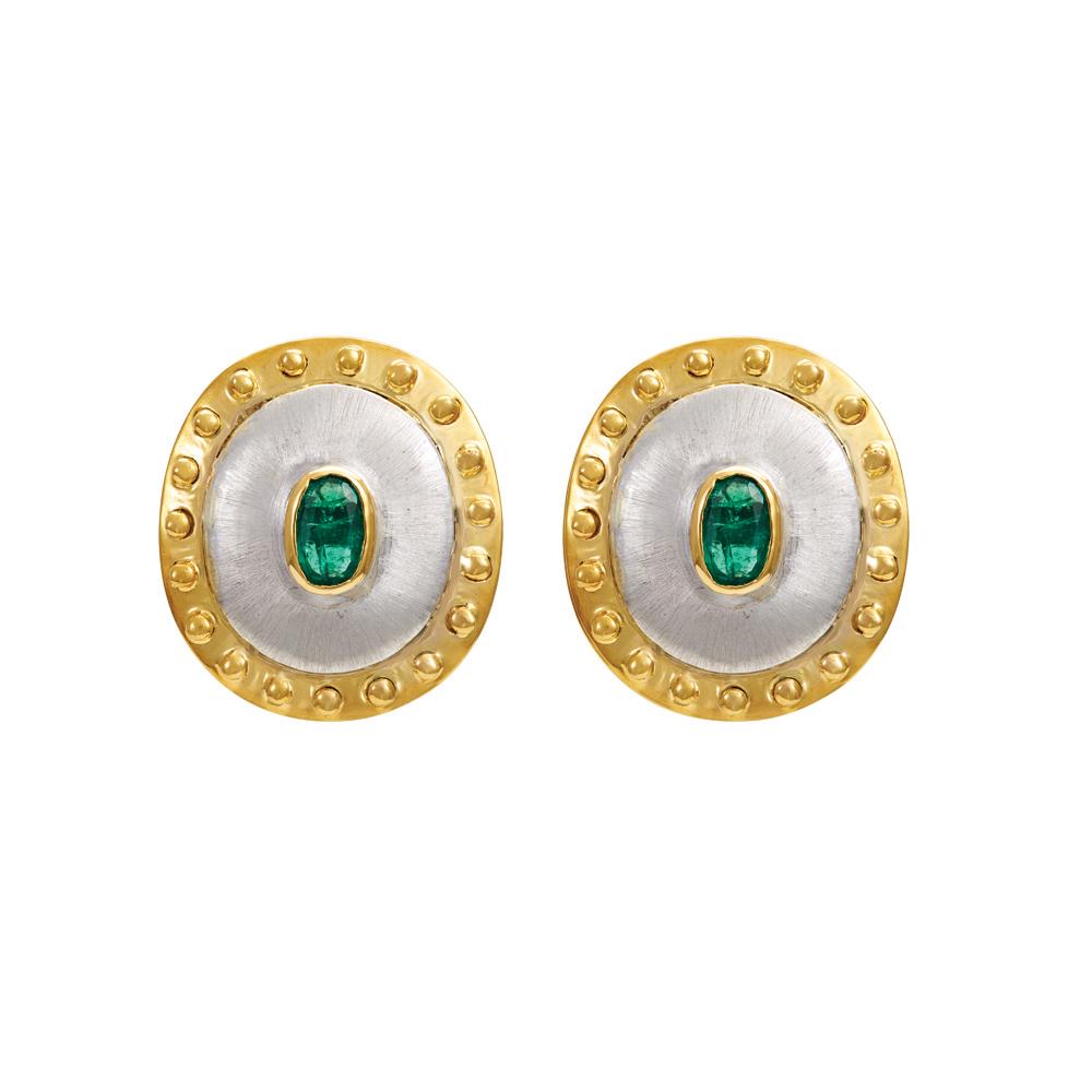 18K Yellow Gold,925 Sterling Silver Gold & Silver Emerald Earrings for women