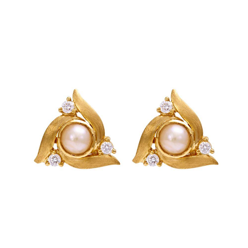 18K Yellow Gold Gold Cultured Button Pearl,Diamond Earrings for women
