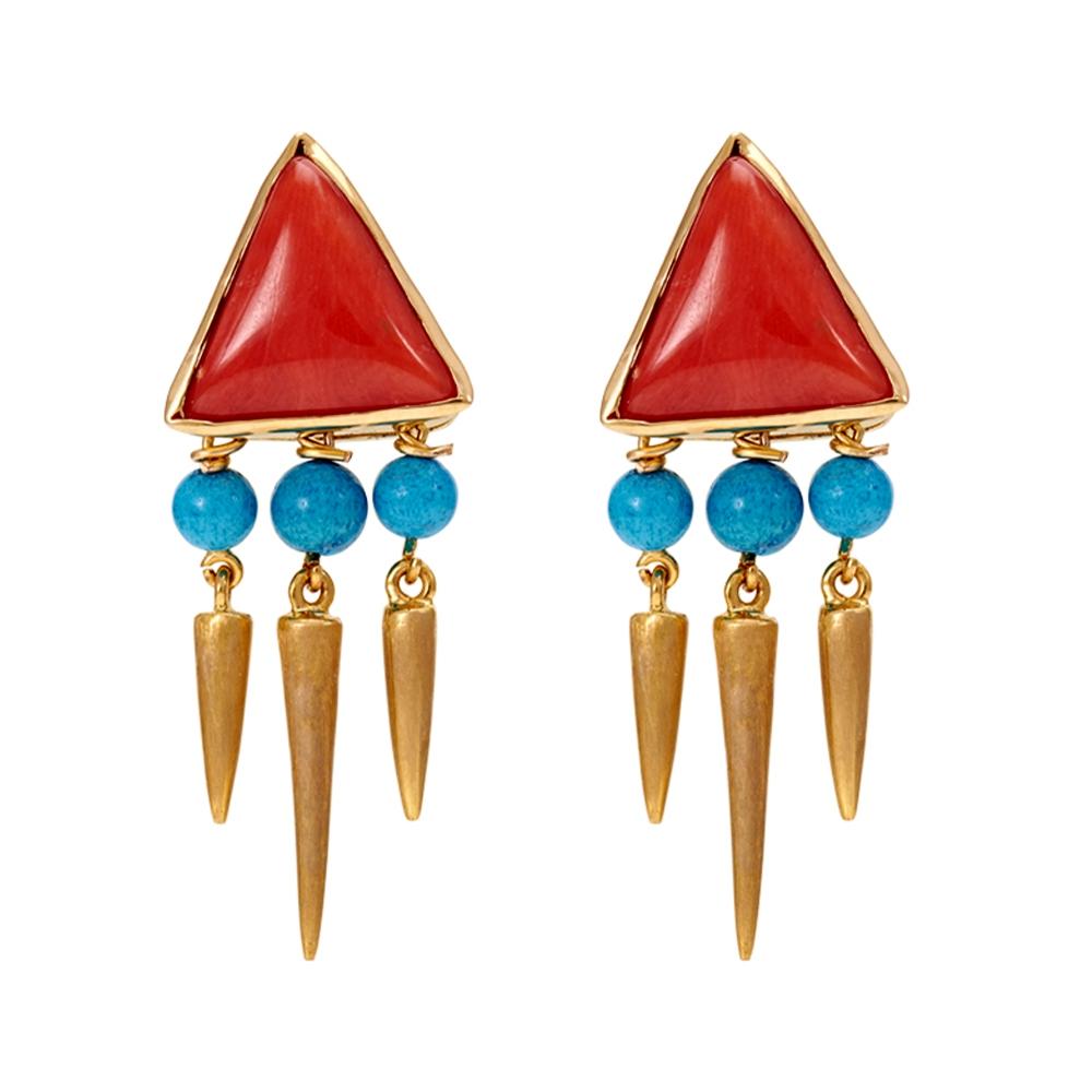 18K Yellow Gold Gold Turquoise,Coral Earrings for women