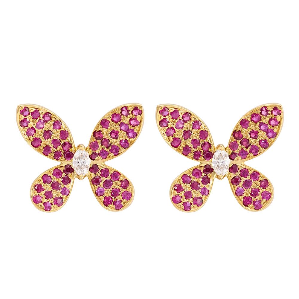18K Yellow Gold Gold Diamond,Ruby Earrings for women
