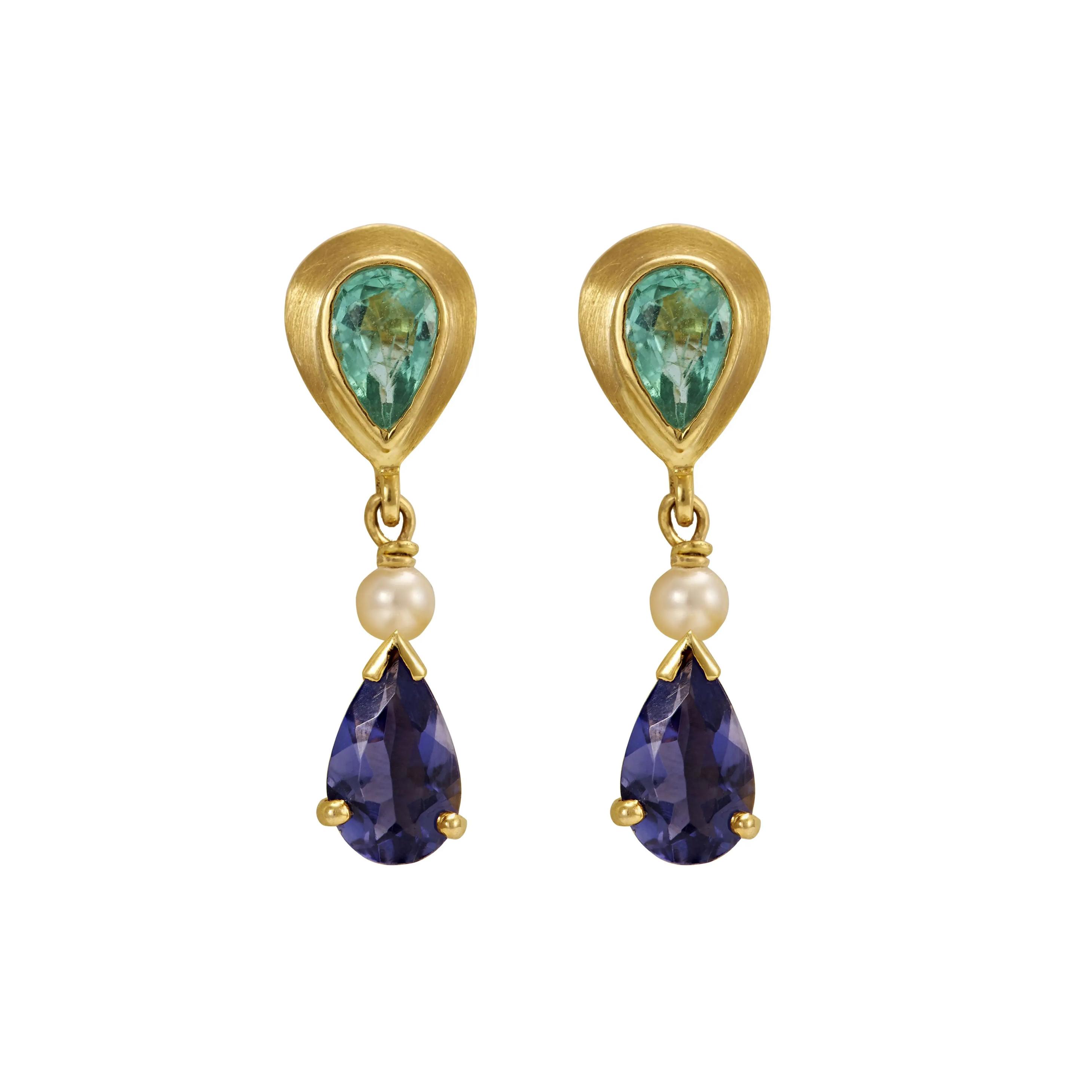 18K Yellow Gold Gold Cultured Freshwater Pearl,Blue Sapphire,Emerald Earrings for women