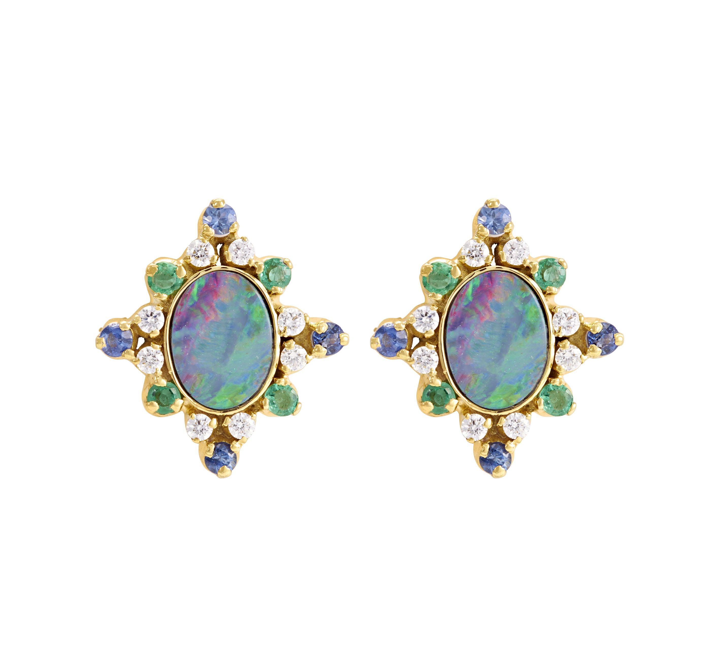 18K Yellow Gold Gold Diamond,Opal,Blue Sapphire,Emerald Earrings for women