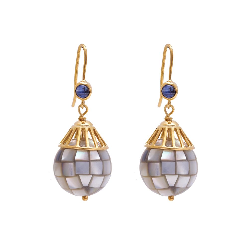 18K Yellow Gold Gold Mother Of Pearl,Blue Sapphire Earrings for women
