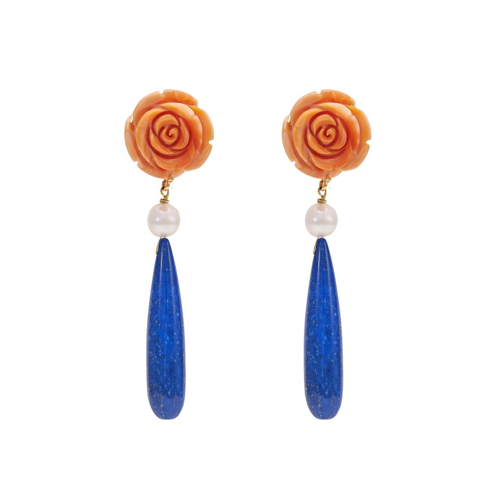 18K Yellow Gold Gold Cultured South Sea Pearl,Lapis Lazuli,Coral Earrings for women
