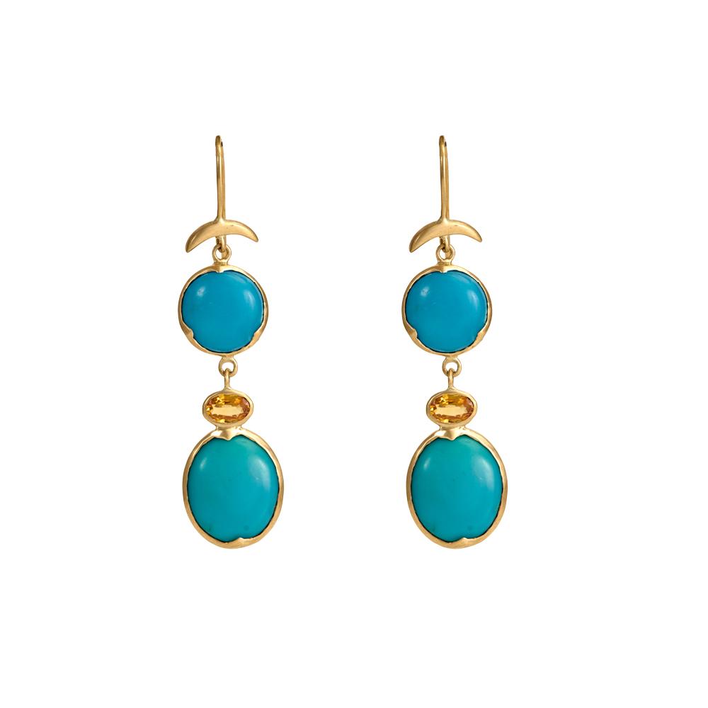 18K Yellow Gold Gold Sapphire,Turquoise Earrings for women