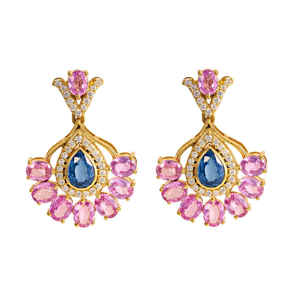 18K Yellow Gold Gold Pink Sapphire,Kyanite,Diamond Earrings for women