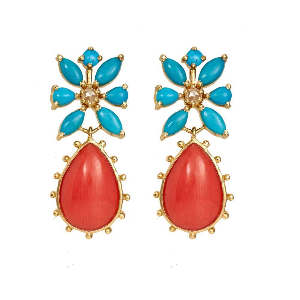 18K Yellow Gold Gold Turquoise,Diamond,Coral Earrings for women