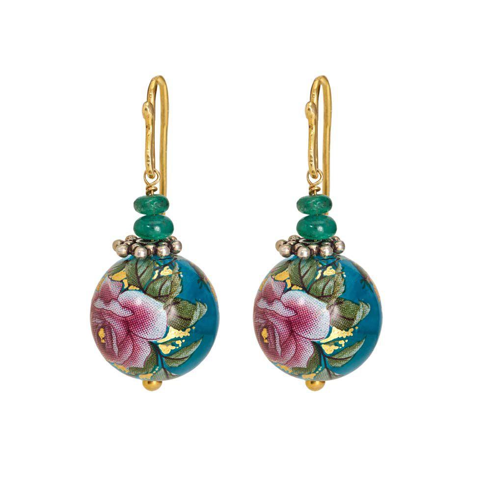 18K Yellow Gold,925 Sterling Silver Silver,Gold Printed Bead,Emerald Earrings for women
