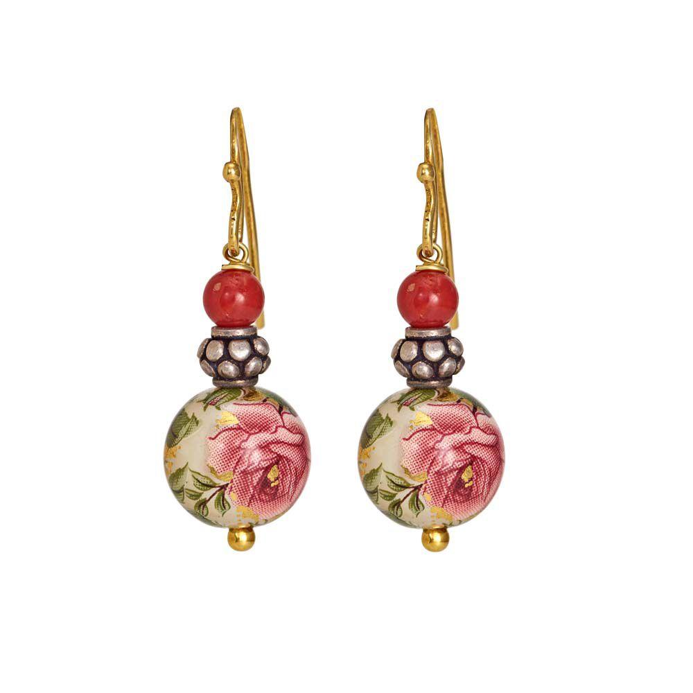 18K Yellow Gold,925 Sterling Silver Silver,Gold Printed Bead,Coral Earrings for women
