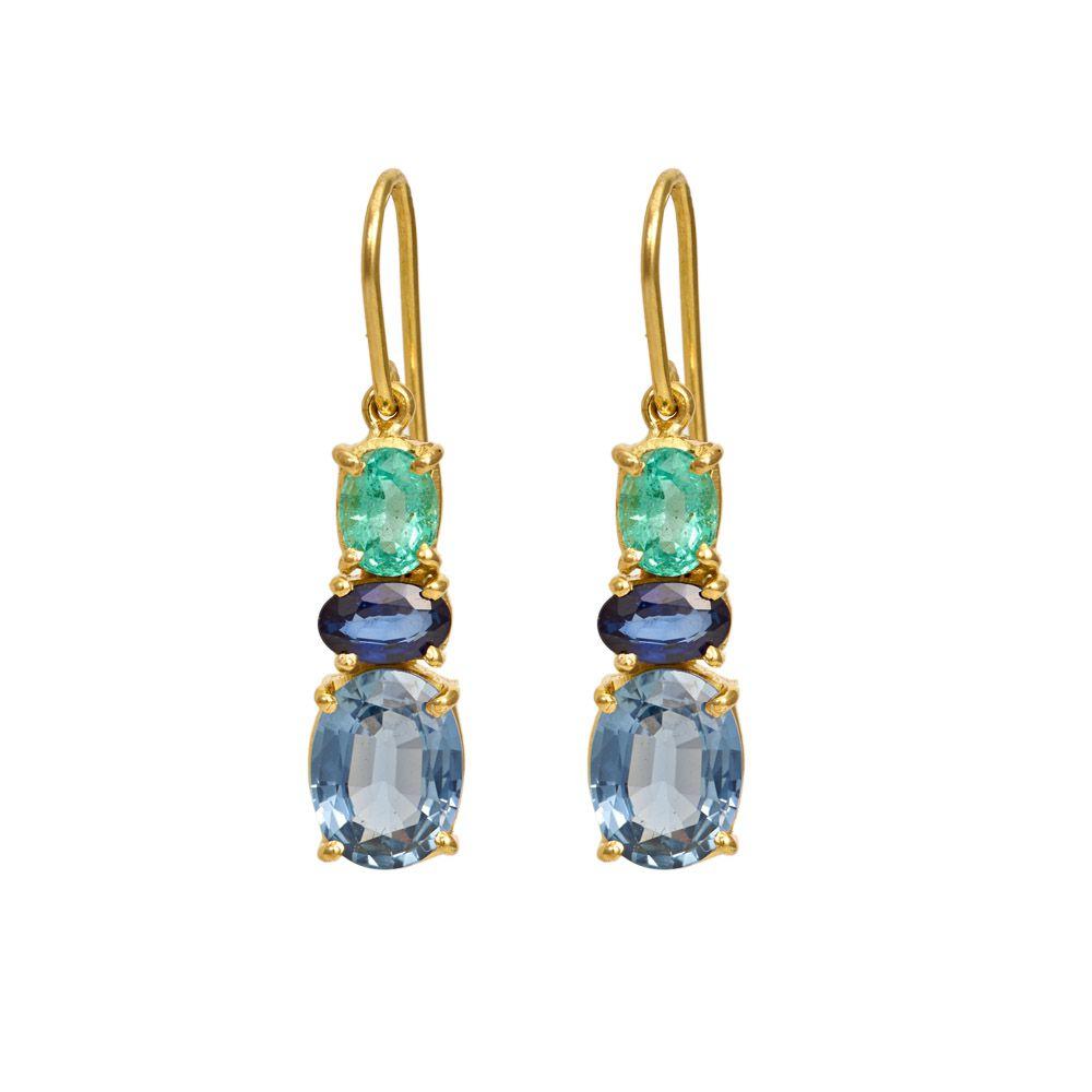 18K Yellow Gold Gold Blue Topaz,Blue Sapphire,Emerald Earrings for women