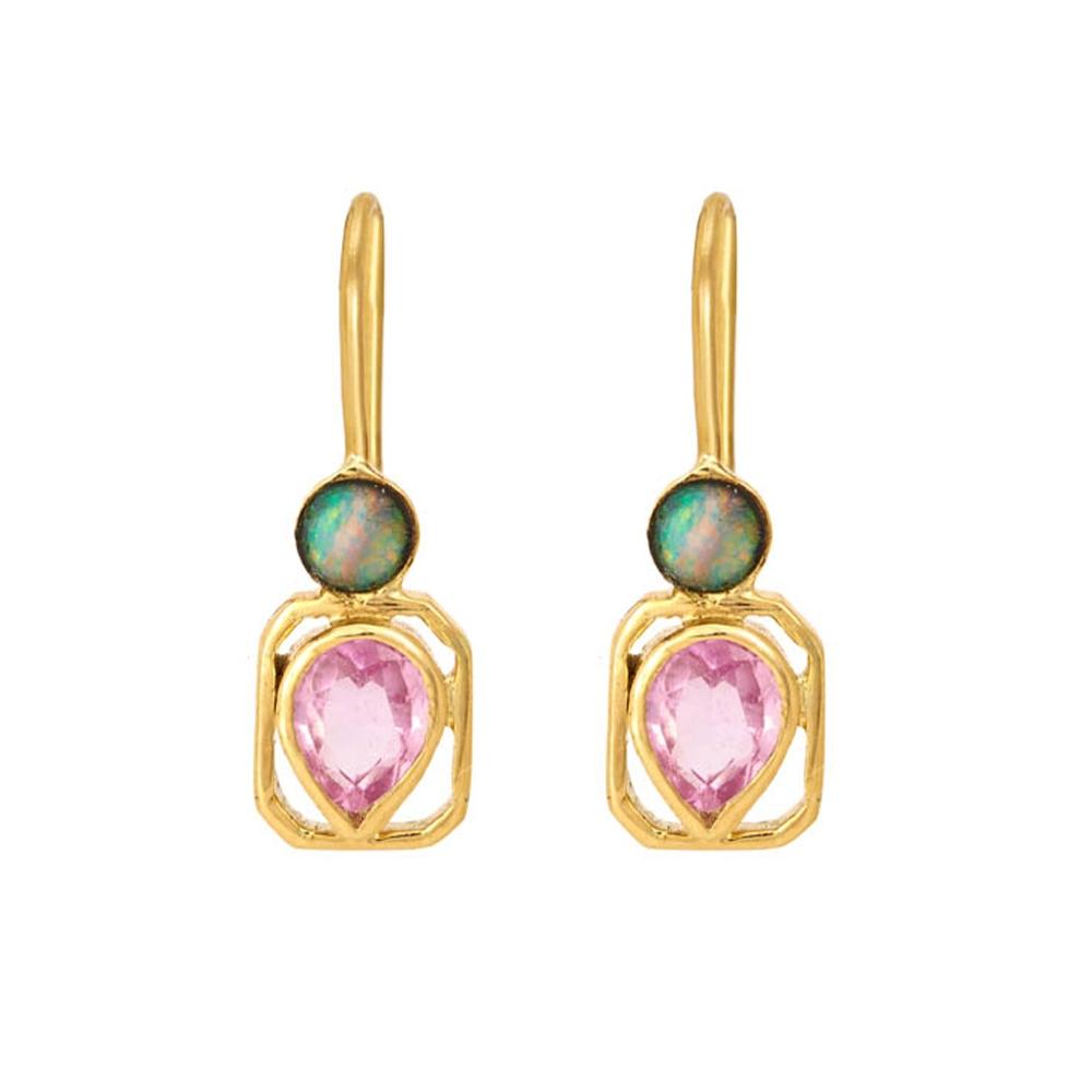 18K Yellow Gold Gold Opal,Pink Sapphire Earrings for women