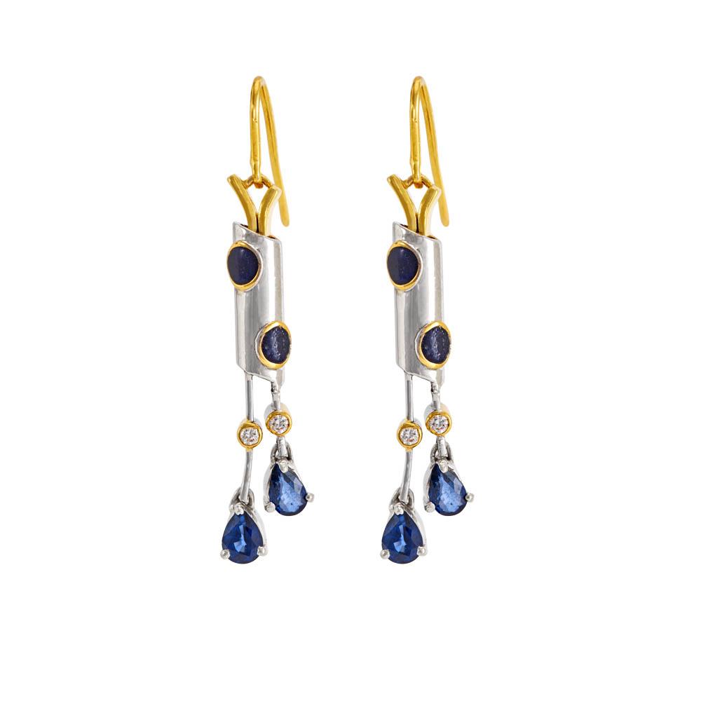 18K Yellow Gold,925 Sterling Silver Silver,Gold Blue Sapphire,Diamond Earrings for women