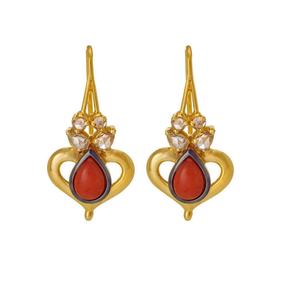 18K Yellow Gold Gold Coral,Diamond Earrings for women