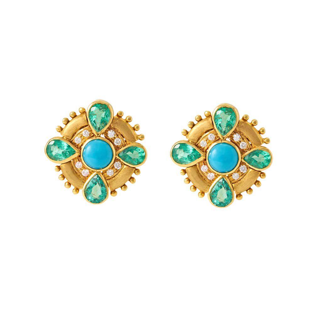 18K Yellow Gold Gold Diamond,Turquoise,Emerald Earrings for women