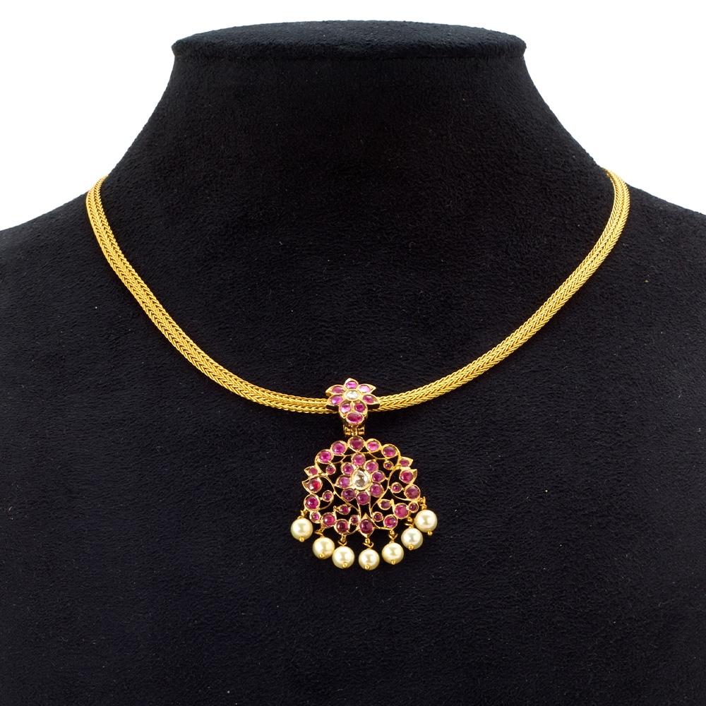 22K Yellow Gold Gold Cultured Freshwater Pearl,Ruby,Diamond Necklaces for women