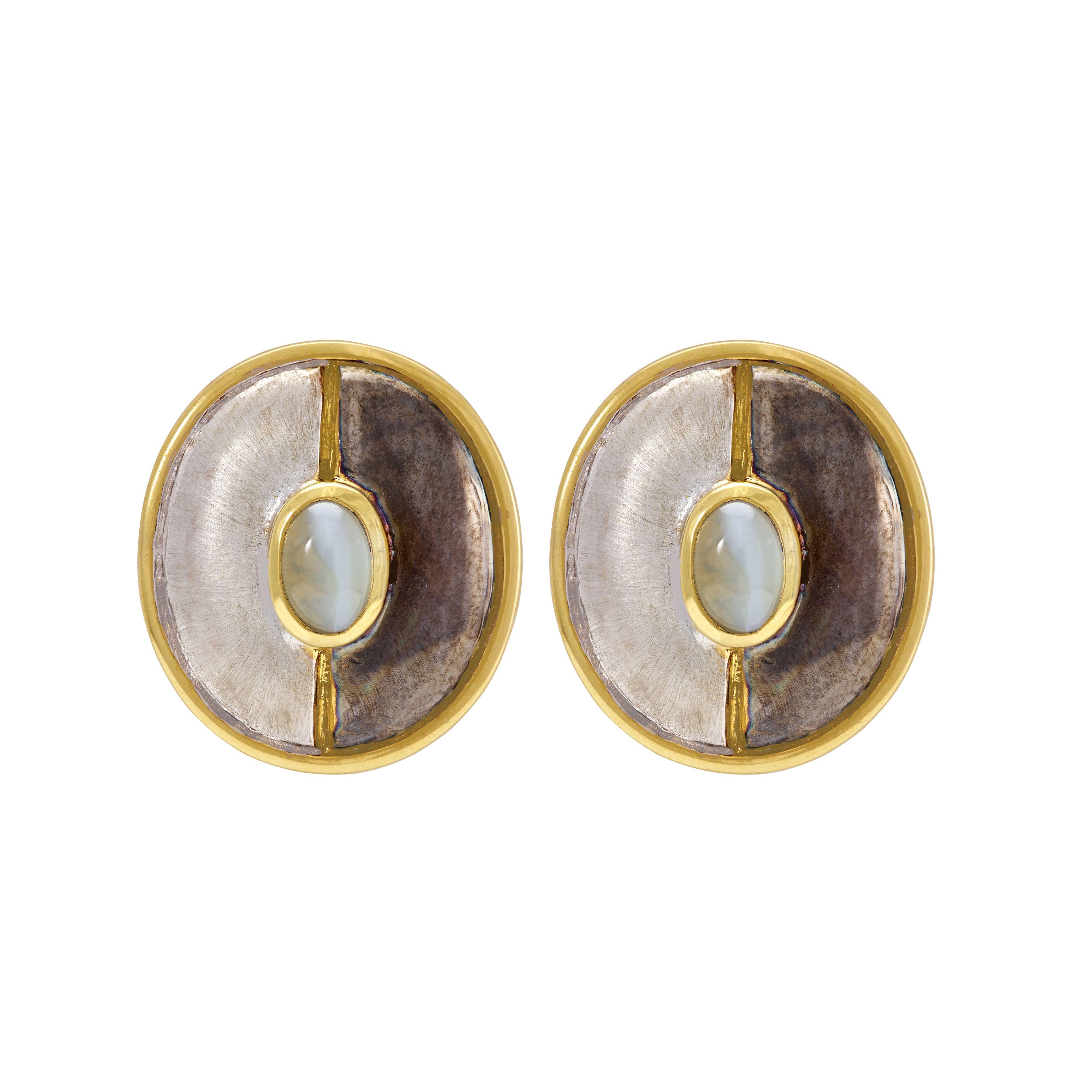 925 Sterling Silver,18K Yellow Gold Gold & Silver Cat's Eye Earrings for women