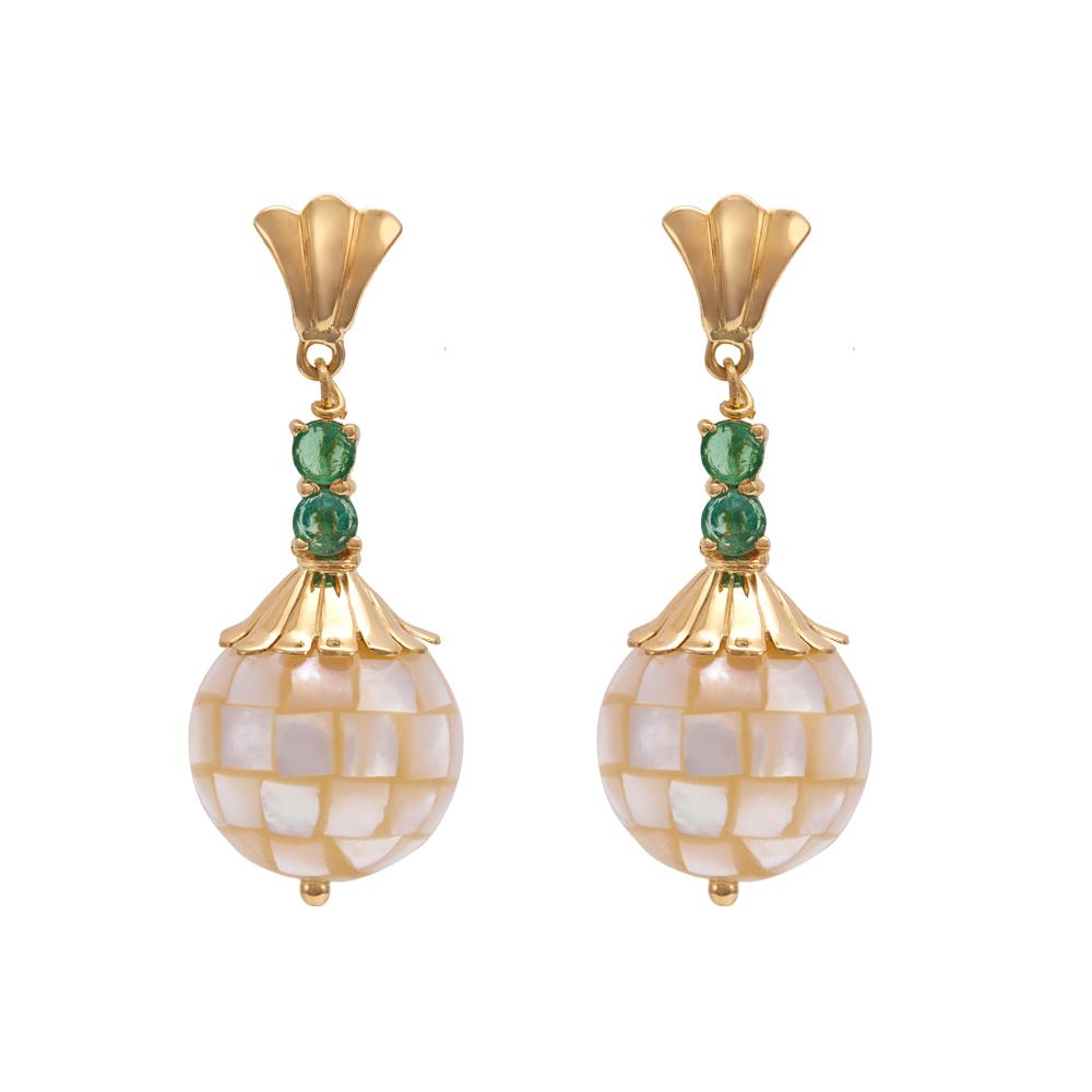 18K Yellow Gold Gold Emerald,Mother Of Pearl Earrings for women