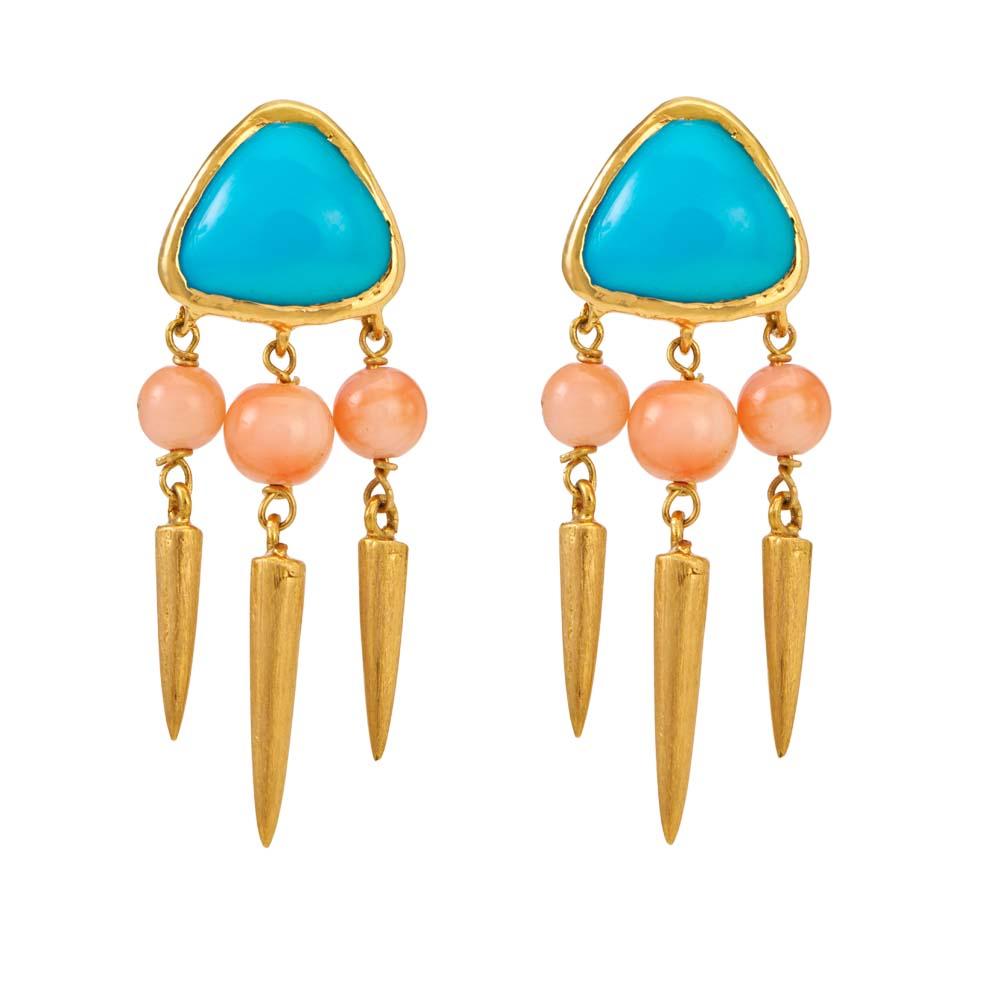 18K Yellow Gold Gold Turquoise,Coral Earrings for women