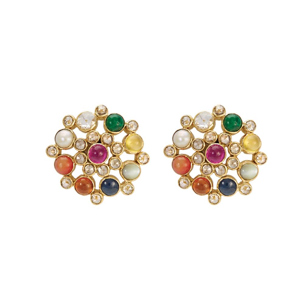 18K Yellow Gold Gold Navratna Stones,Diamond Earrings for women