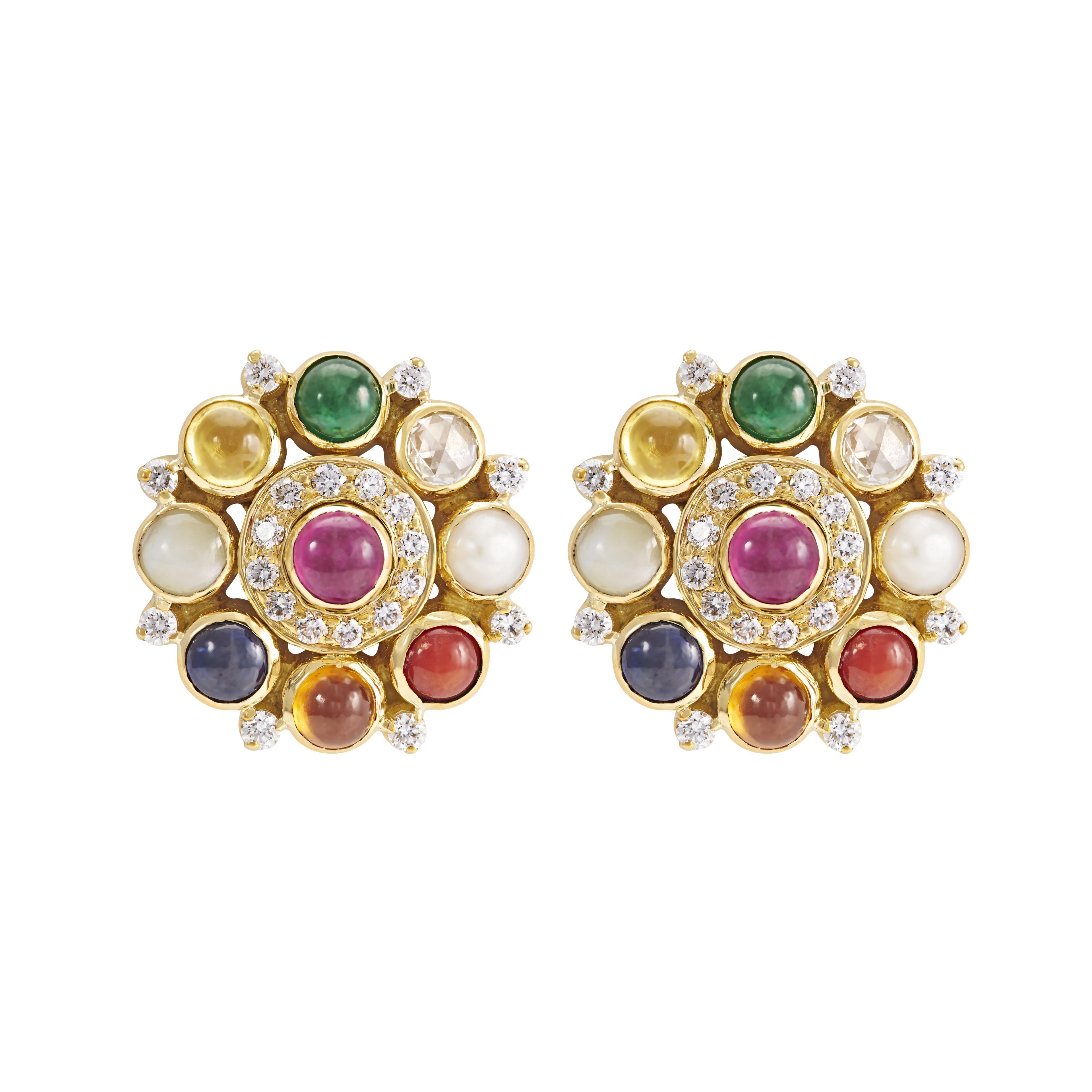 18K Yellow Gold Gold Navratna Stones,Diamond Earrings for women