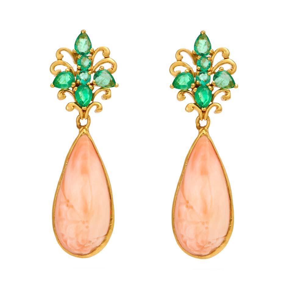 18K Yellow Gold Gold Coral,Emerald Earrings for women