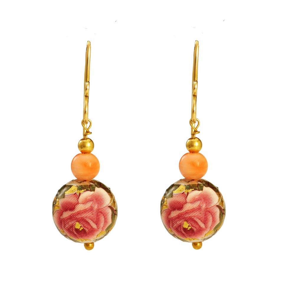 18K Yellow Gold Gold Printed Bead,Coral Earrings for women