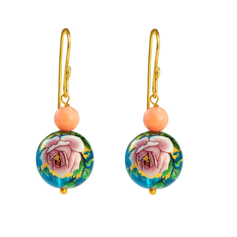 18K Yellow Gold Gold Printed Bead,Coral Earrings for women