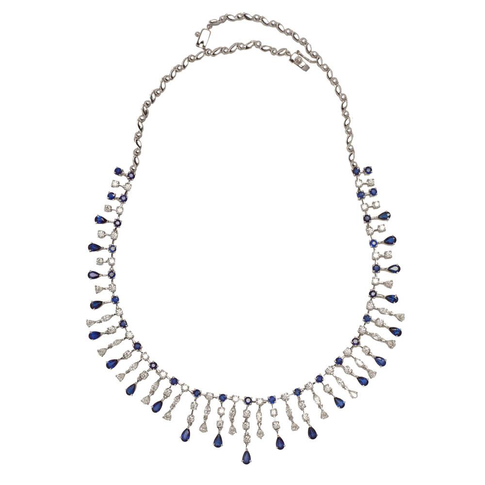 18K White Gold White Gold Blue Sapphire,Diamond Necklace Set for women