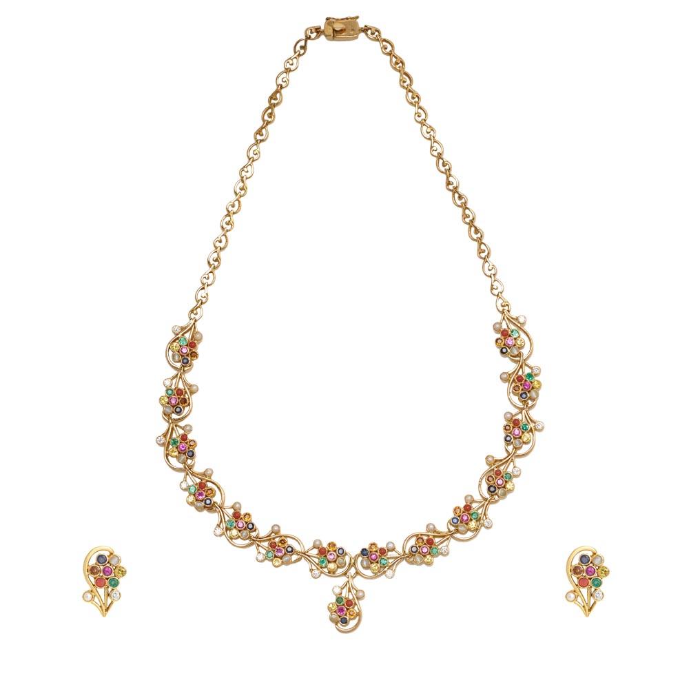 22K Yellow Gold Gold Navratna Stones,Diamond Necklace Set for women