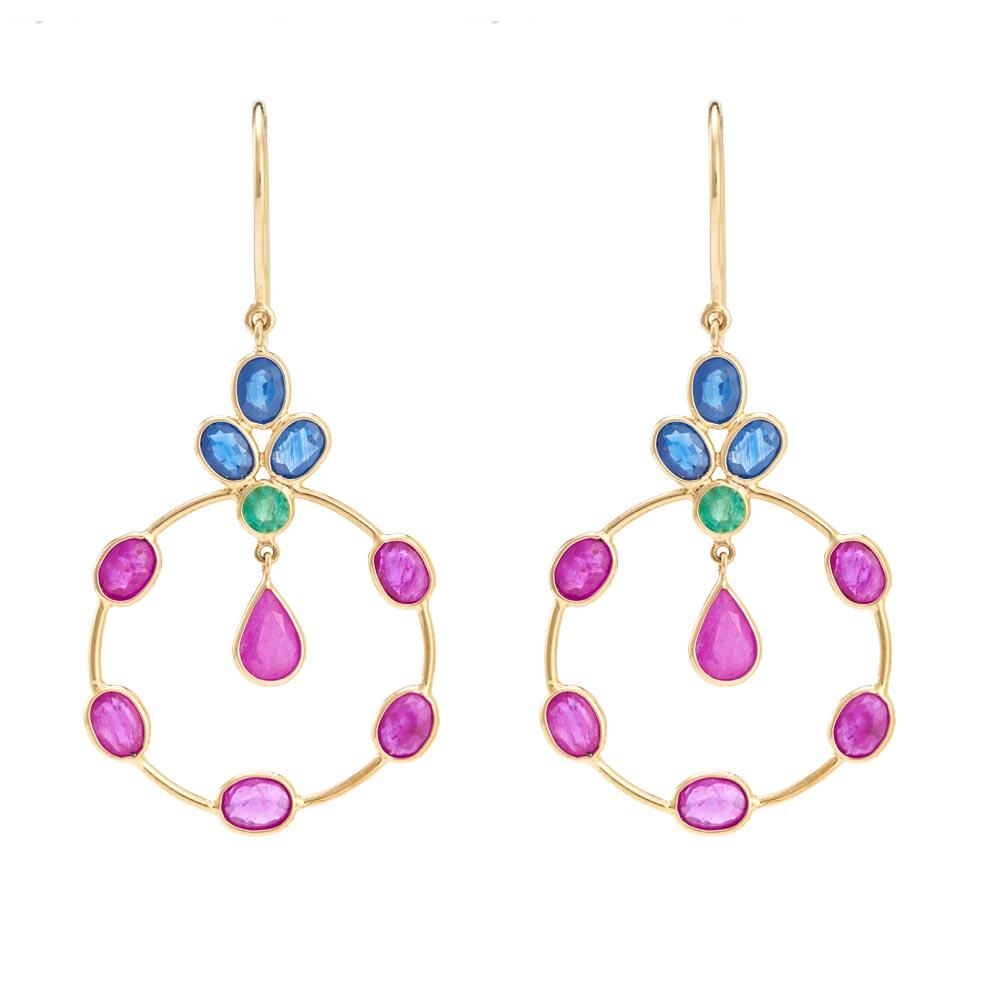 18K Yellow Gold Gold Ruby,Blue Sapphire,Emerald Earrings for women