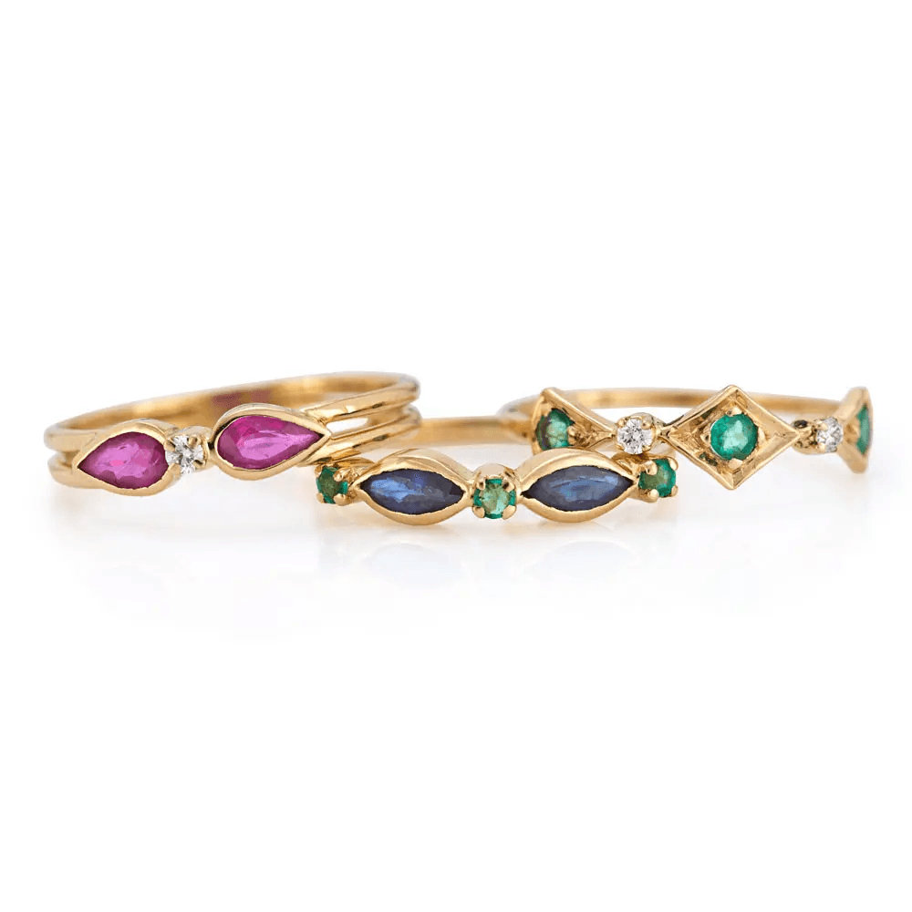 18K Yellow Gold Gold Ruby,Blue Sapphire,Diamond,Emerald Stacking Ring for women