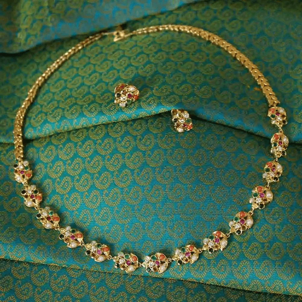 22K Yellow Gold Gold Navratna Stones,Diamond Necklaces for women