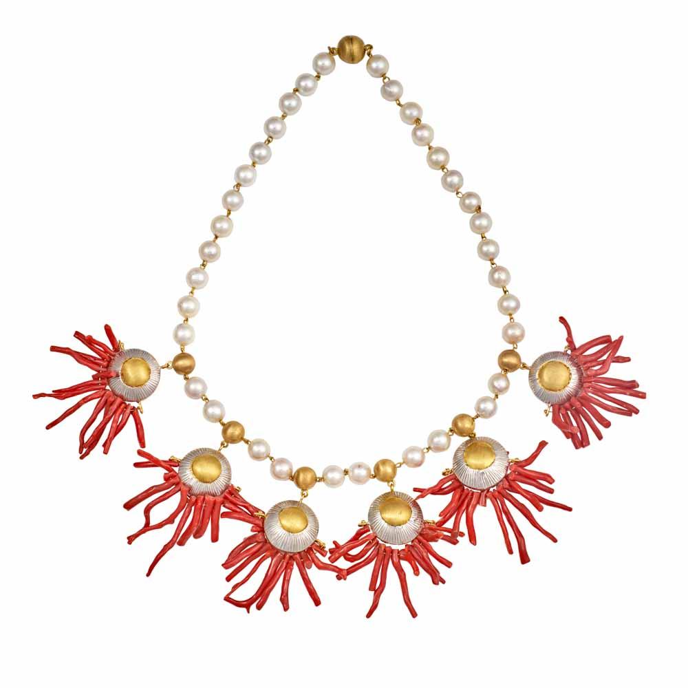 18K Yellow Gold,925 Sterling Silver Silver,Gold Cultured Freshwater Pearl,Coral Necklace Set for women