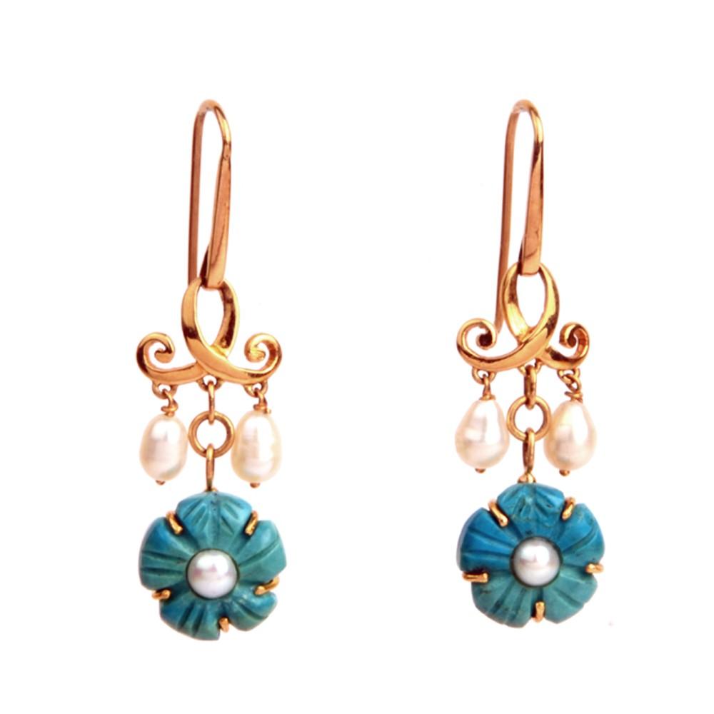 18K Yellow Gold Gold Turquoise,Pearl Earrings for women