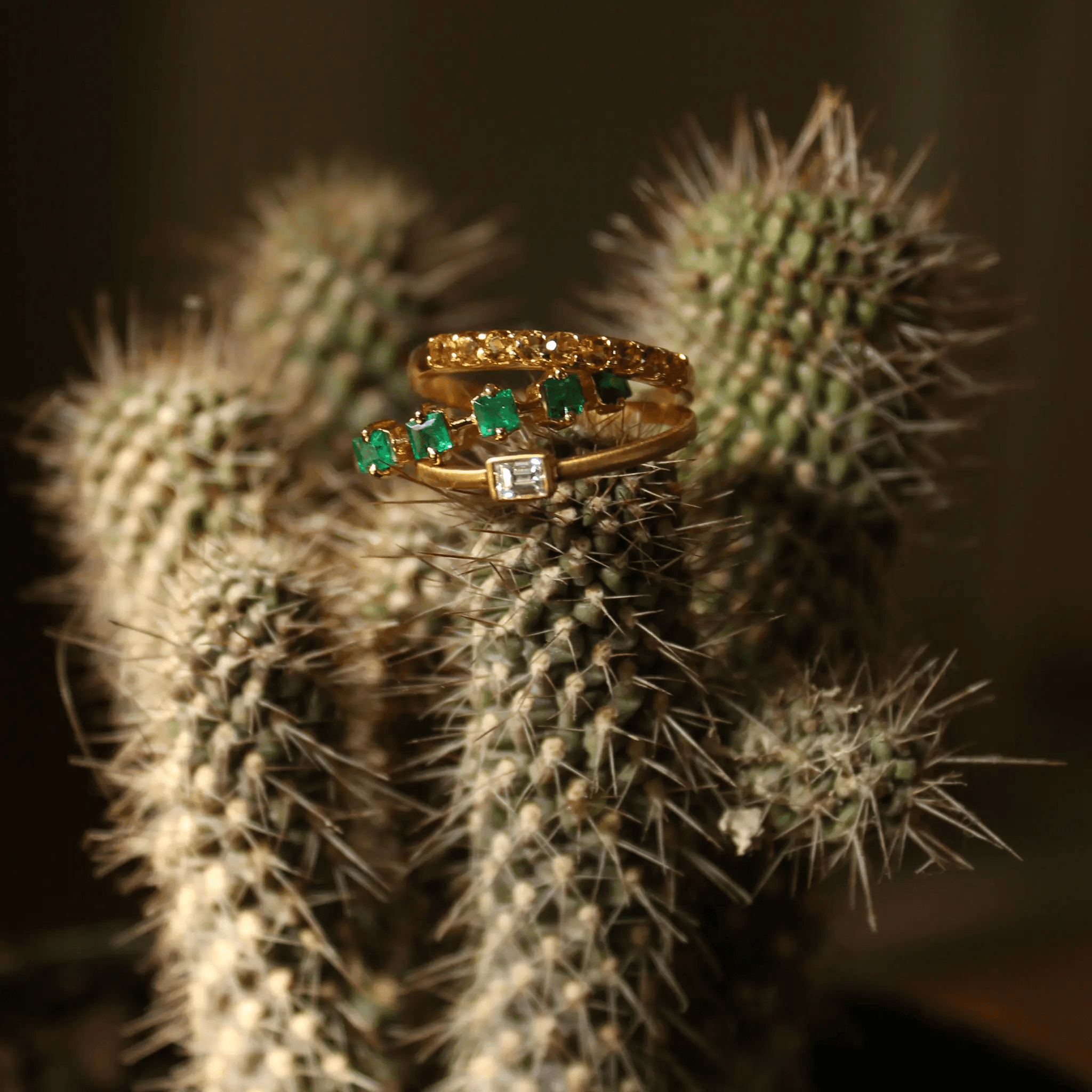 18K Yellow Gold Gold Diamond,Citrine,Emerald Stacking Ring for women
