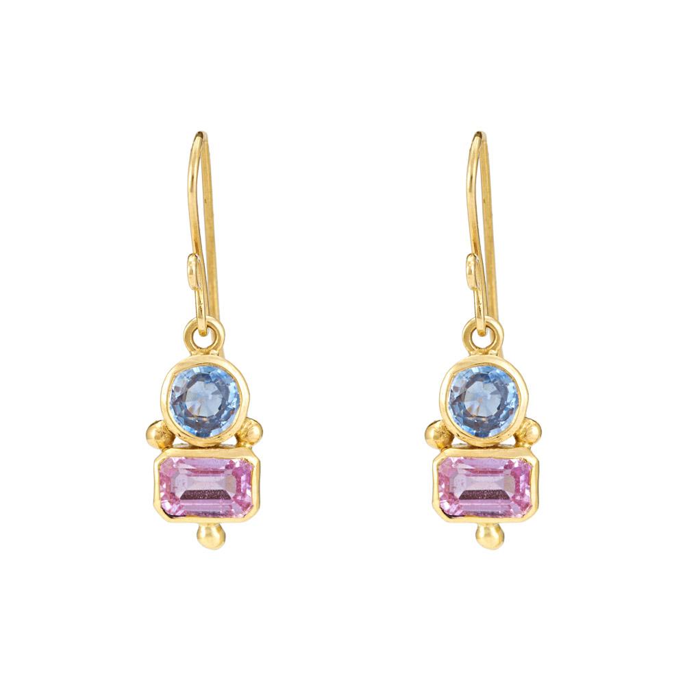 18K Yellow Gold Gold Pink Sapphire,Blue Sapphire Earrings for women