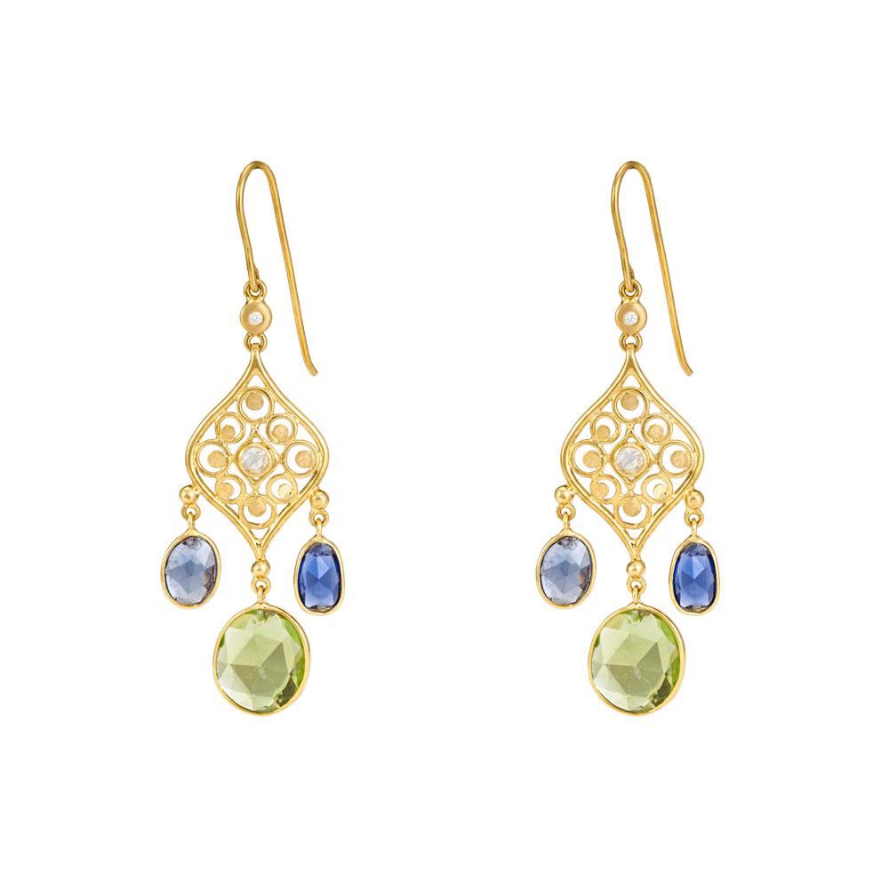 18K Yellow Gold Gold Peridot,Blue Sapphire,Diamond Earrings for women
