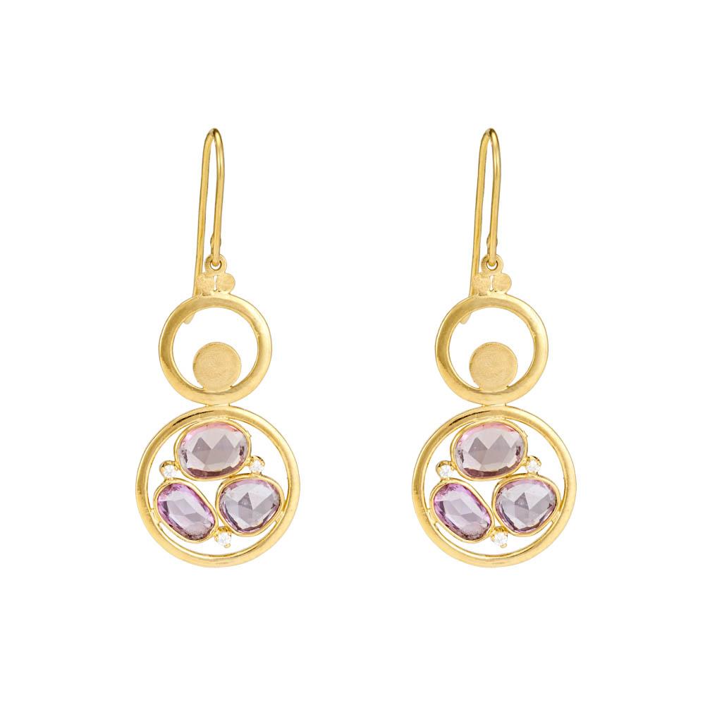 18K Yellow Gold Gold Tourmaline,Pink Sapphire,Diamond Earrings for women