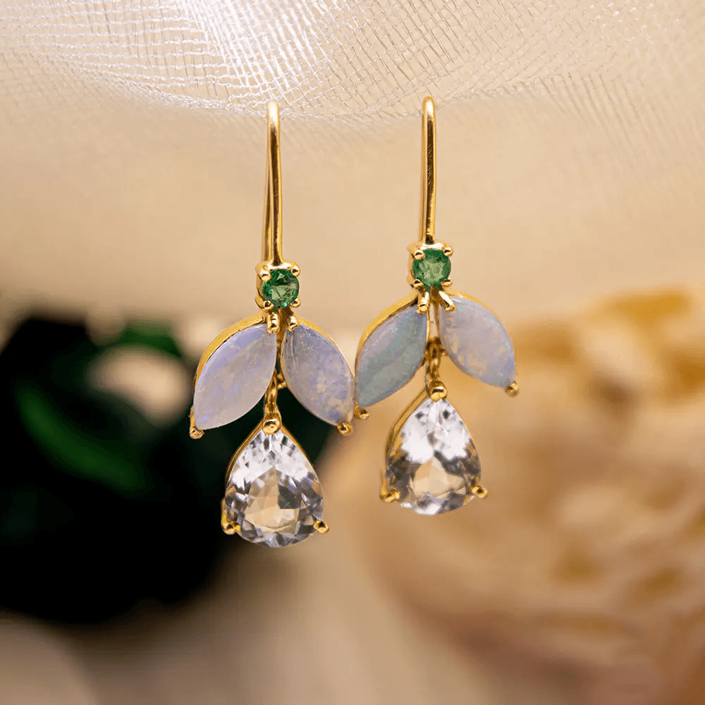 18K Yellow Gold Gold Opal,Aquamarine,Emerald Earrings for women
