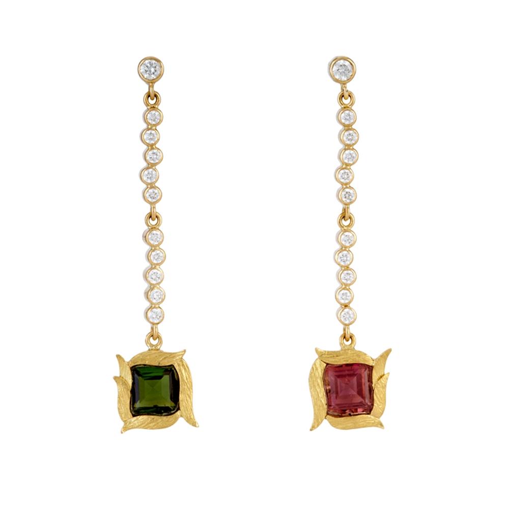 18K Yellow Gold Gold Tourmaline,Diamond Earrings for women