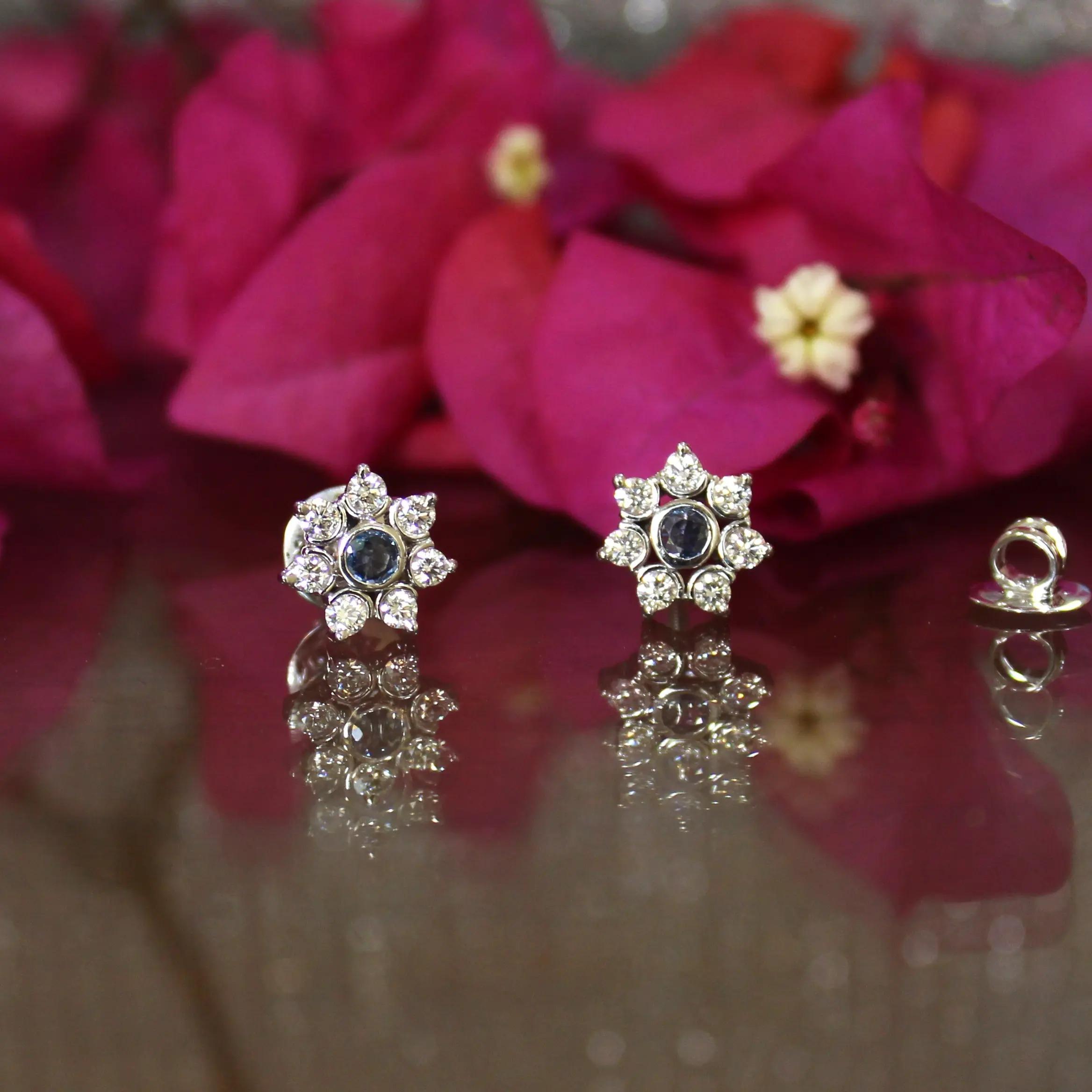 18K White Gold White Gold Blue Sapphire,Diamond Earrings for women