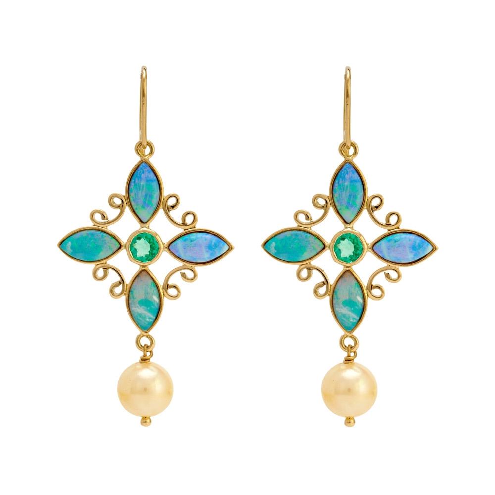 18K Yellow Gold Gold Opal,South Sea Pearl,Pearl,Emerald Earrings for women