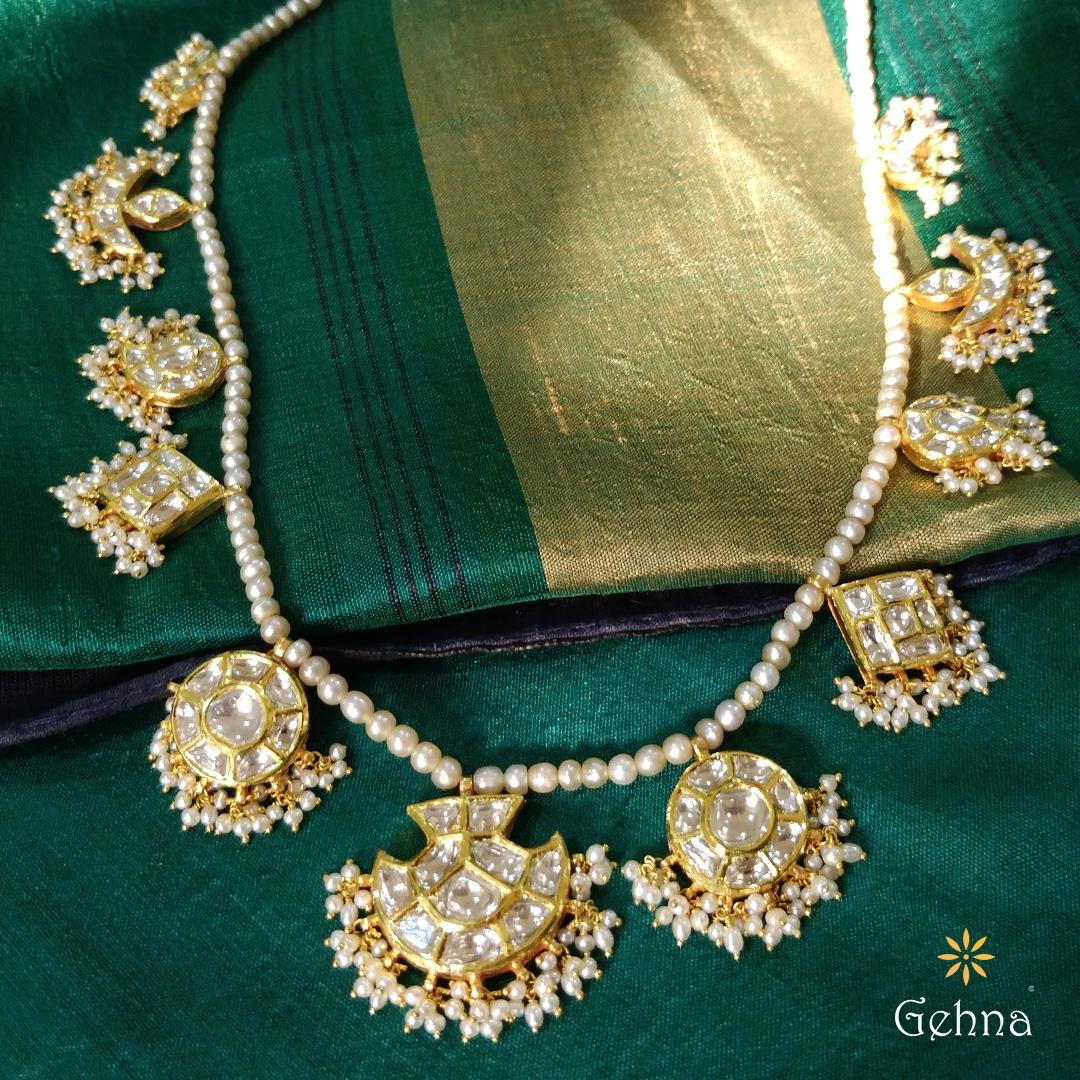 22K Yellow Gold Gold Natural Basra Pearl,Uncut Diamond,Diamond Necklace Set for women
