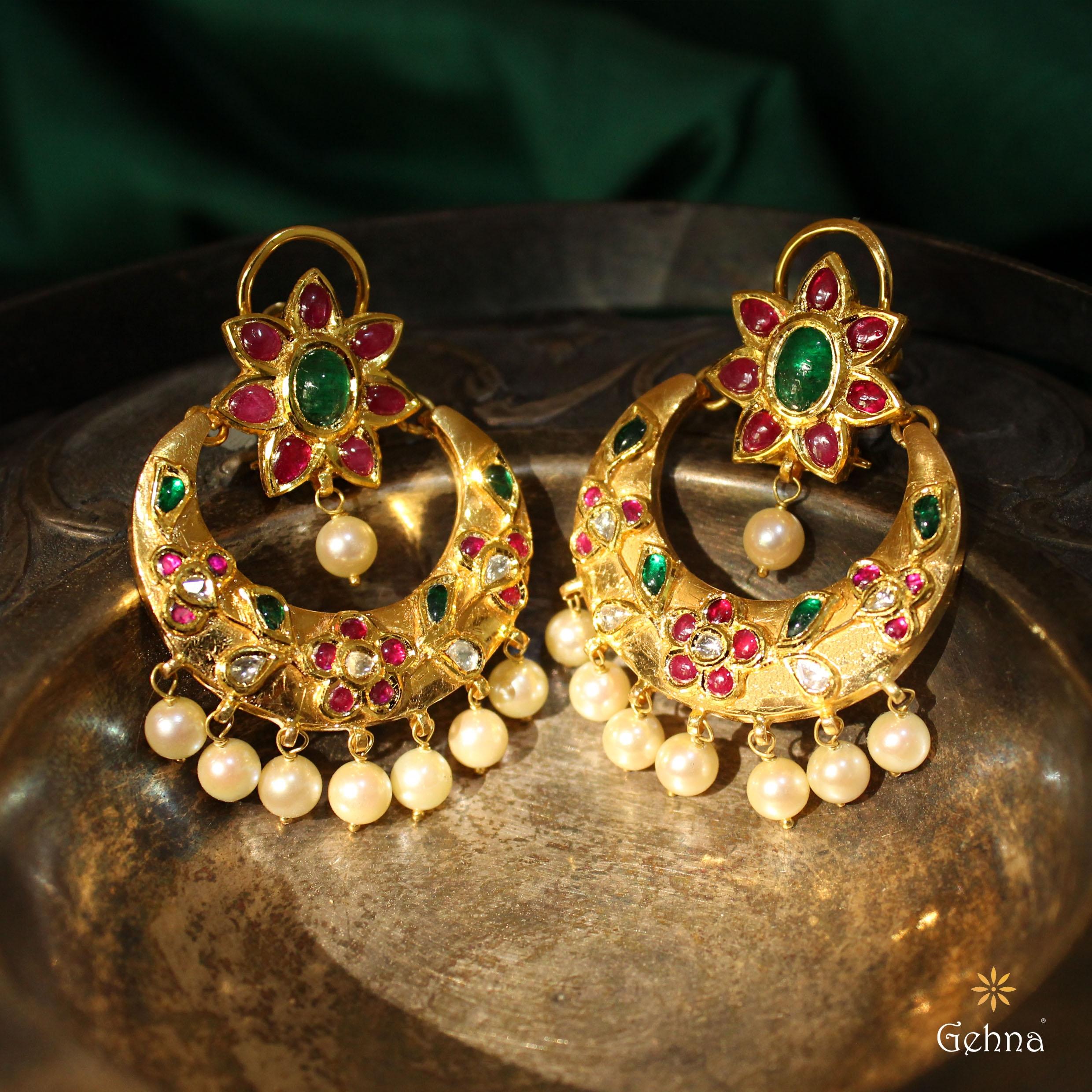 22K Yellow Gold Gold Cultured Freshwater Pearl,Ruby,Diamond,Emerald Earrings for women