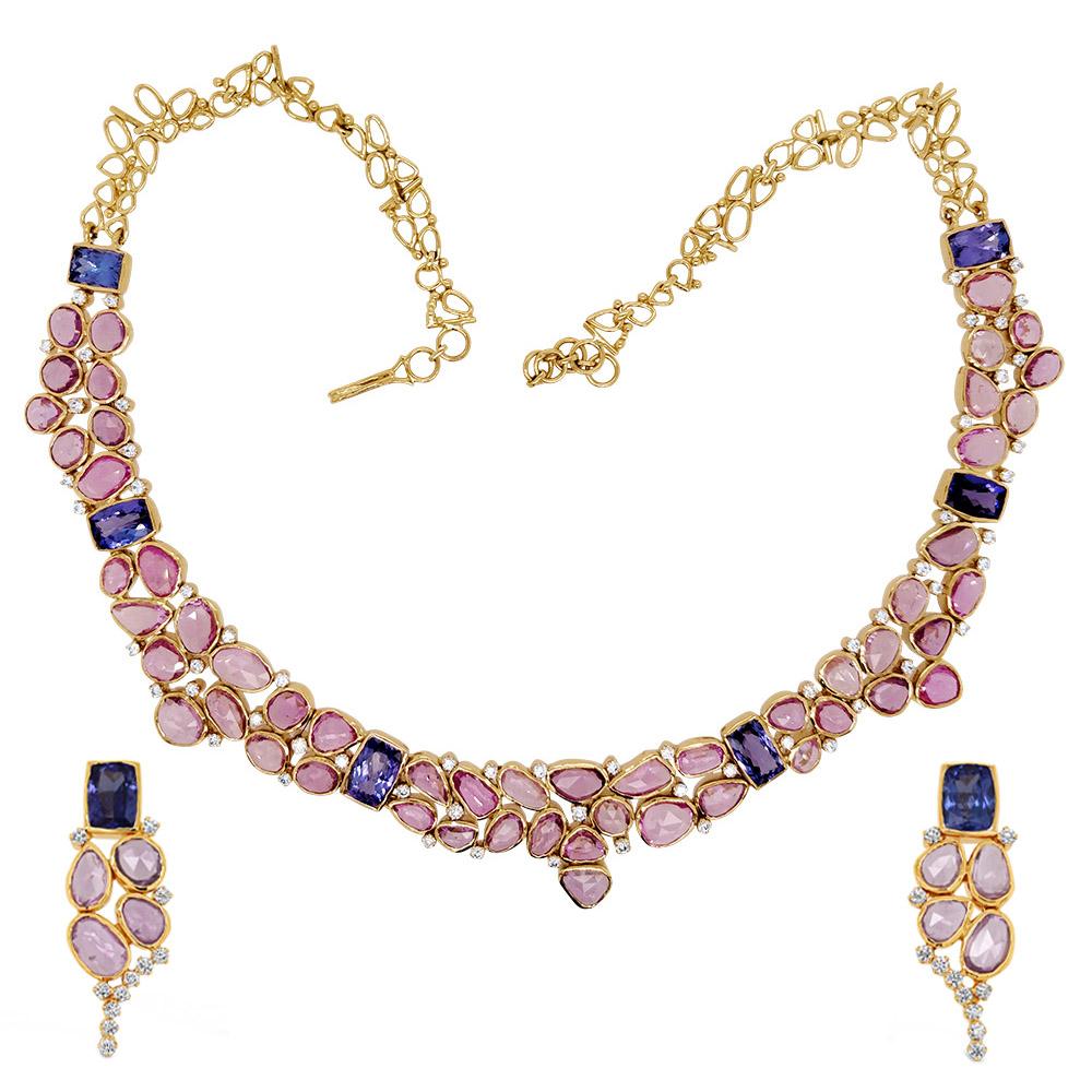 18K Yellow Gold Gold Pink Sapphire,Tanzanite,Diamond Necklace Set for women