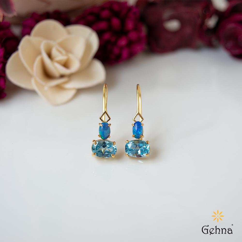 18K Yellow Gold Gold Opal,Blue Topaz Earrings for women