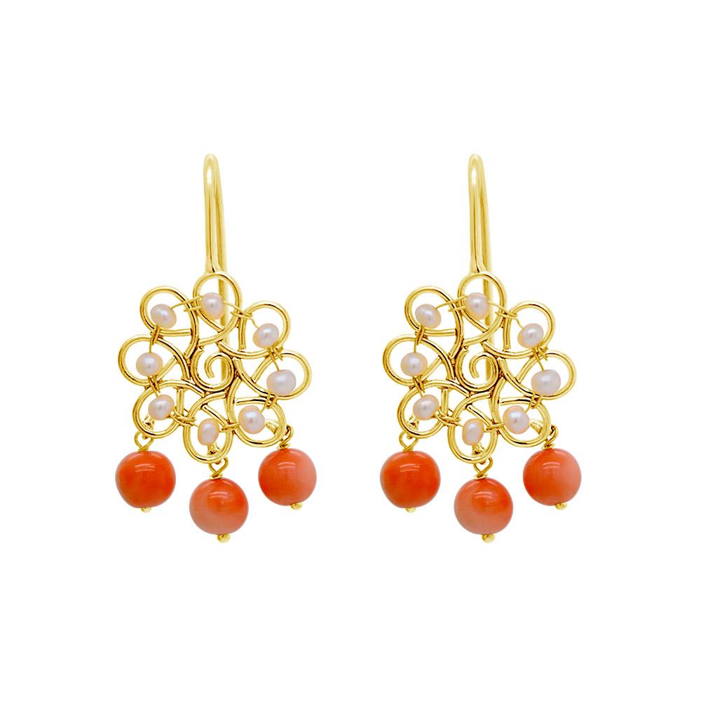 18K Yellow Gold Gold Cultured Freshwater Pearl,Coral Earrings for women