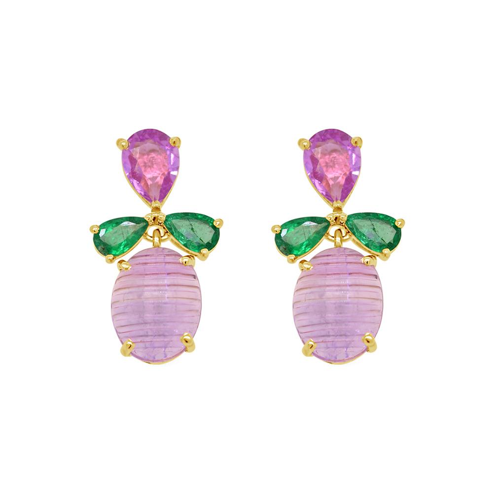 18K Yellow Gold Gold Pink Sapphire,Amethyst,Emerald Earrings for women
