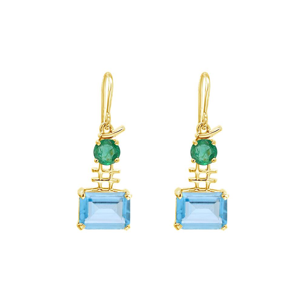 18K Yellow Gold Gold Blue Topaz,Emerald Earrings for women