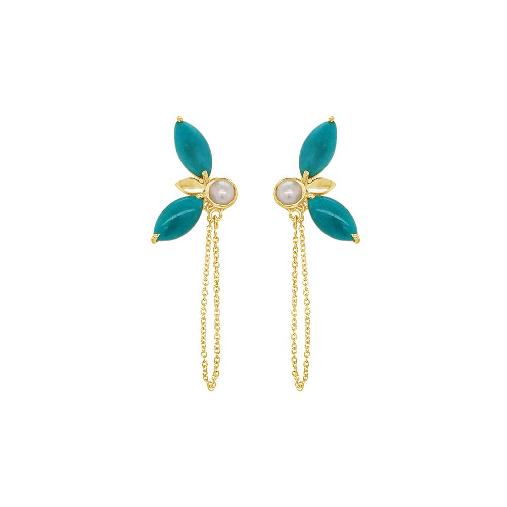 18K Yellow Gold Gold Cultured Button Pearl,Turquoise Earrings for women